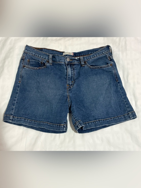 Levi's Pants - Levi's 515 dark blue denim shorts with tan leather patch